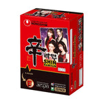 Nongshim Shin Ramyun dry noodle soup pack, 120g x20, featuring spicy ramen noodles with seasoning packets and dried vegetables.