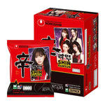 Nongshim Shin Ramyun Noodle Soup packets, 120g each, arranged in a box, dry grocery product with spicy noodle soup flavor.