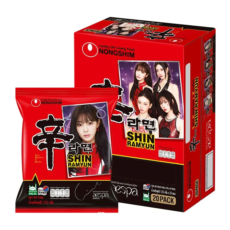 Nongshim Shin Ramyun Noodle Soup packets, 120g each, arranged in a box, dry grocery product with spicy noodle soup flavor.