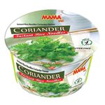 Mama Bowl Coriander in a grocery package, fresh coriander leaves and stems suitable for cooking and flavoring dishes.