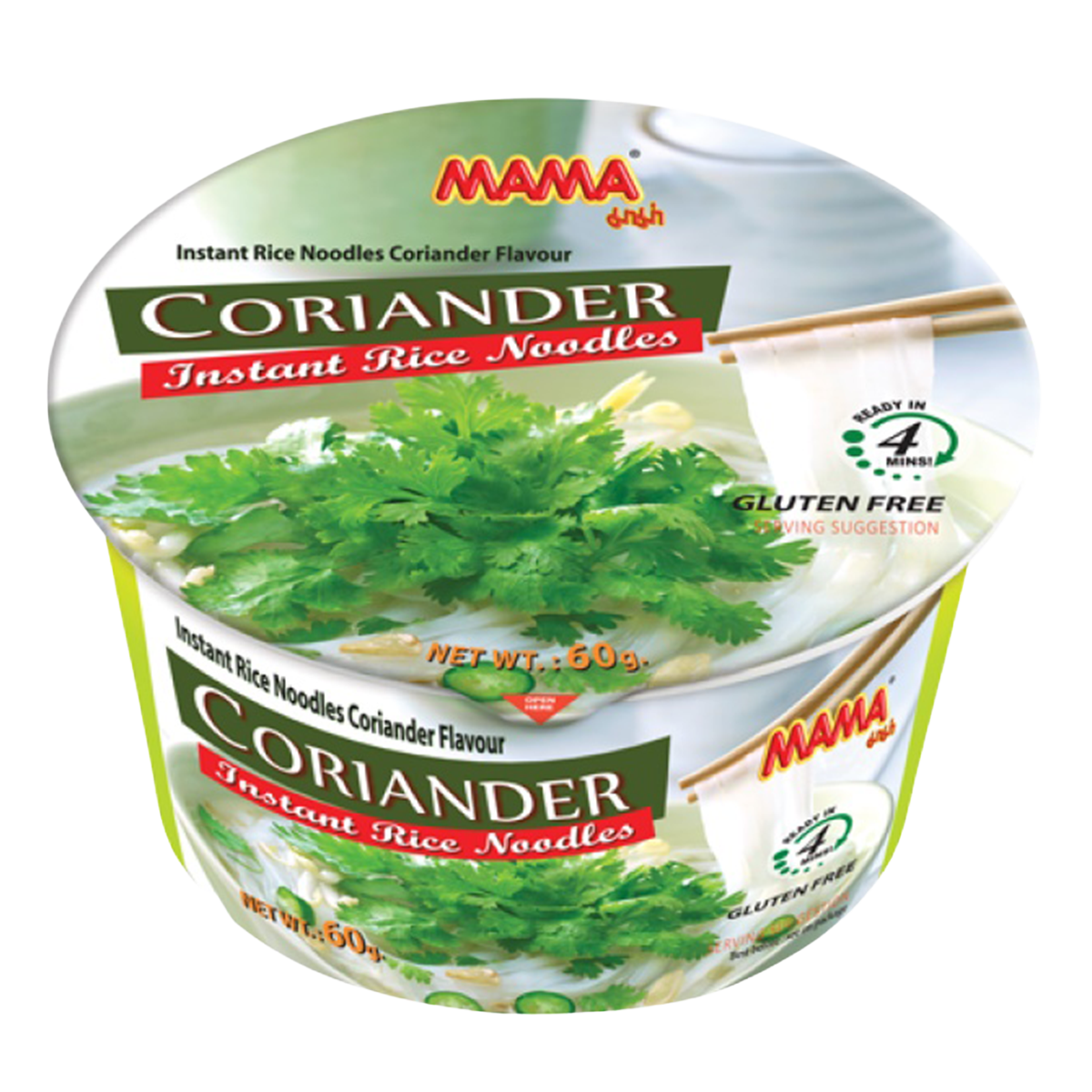 Mama Bowl Coriander in a grocery package, fresh coriander leaves and stems suitable for cooking and flavoring dishes.
