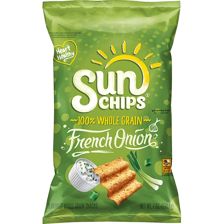 Sun Chips French Onion snacks in a bag, crispy confectionery chips with onion flavor, made by Sun Chips.
