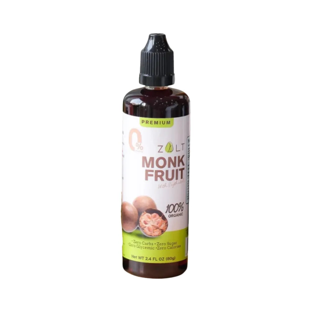 Zalt 100% Lo Han Guo syrup in a concentrated extract, keto-friendly dry grocery product, shown in a clear bottle with label.