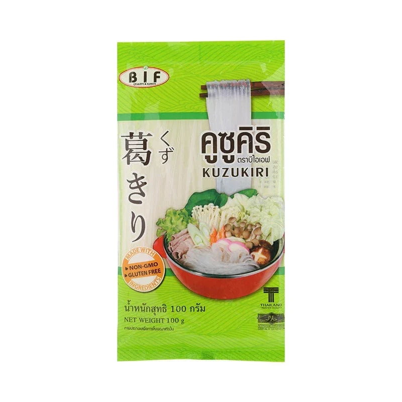 BIF Kuzukiri dry grocery noodles in a clear plastic package, showcasing thin, translucent gelatinous noodles.