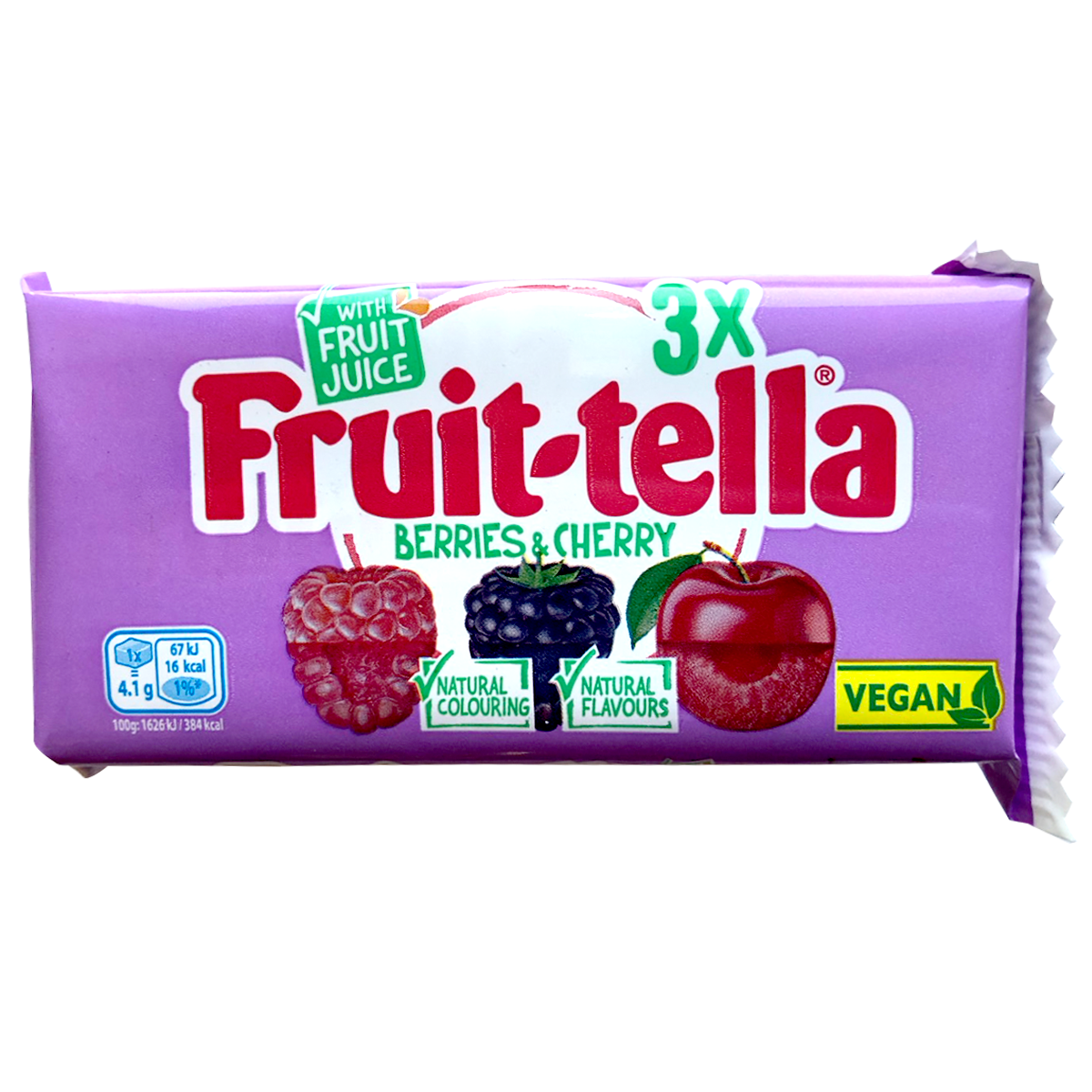 Fruittella Berries & Cherry confectionery snacks with colorful berry and cherry-flavored candies in a clear bag.