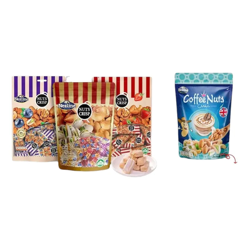 Nezline Tubtab peanut snack with almond, pistachio, and cashew nuts in a clear container, showcasing mixed nut pieces.