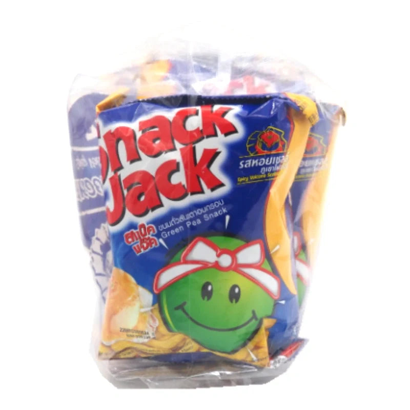 SNACKJACK green pea snack with spicy volcano scallops flavor, 62g x4, dry grocery snack pack, crunchy and flavorful snack product.