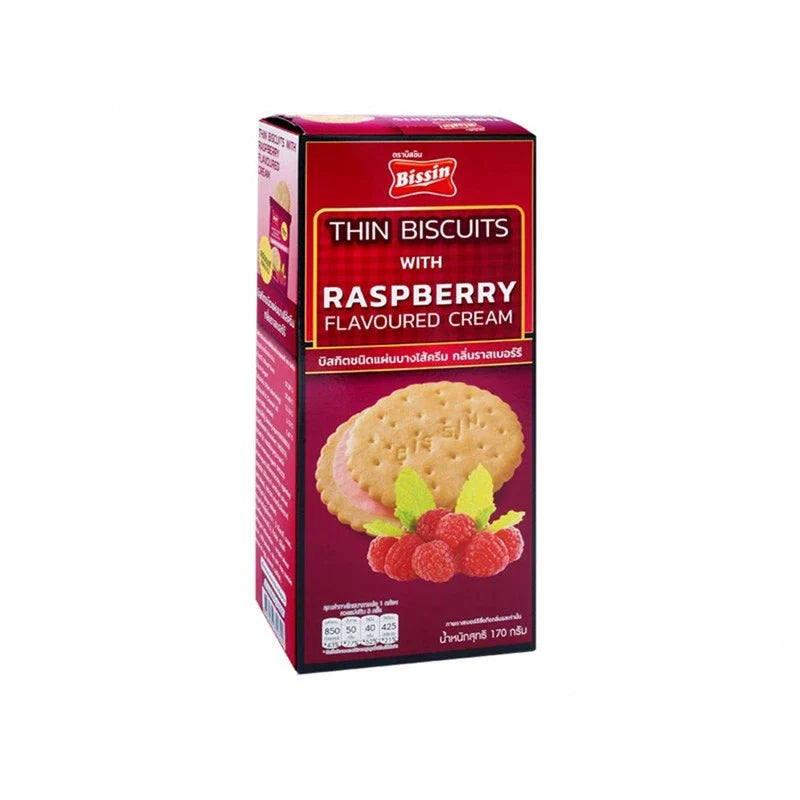 BISSIN Thin Raspberry Flavored Biscuits in 170g pack, dry grocery snack with raspberry flavor and crispy texture.