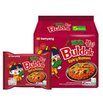 Samyang Buldak Ramen Mala 135g packs, spicy dry instant ramen noodles in a black packaging with red and yellow accents.