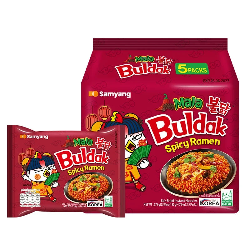 Samyang Buldak Ramen Mala 135g packs, spicy dry instant ramen noodles in a black packaging with red and yellow accents.