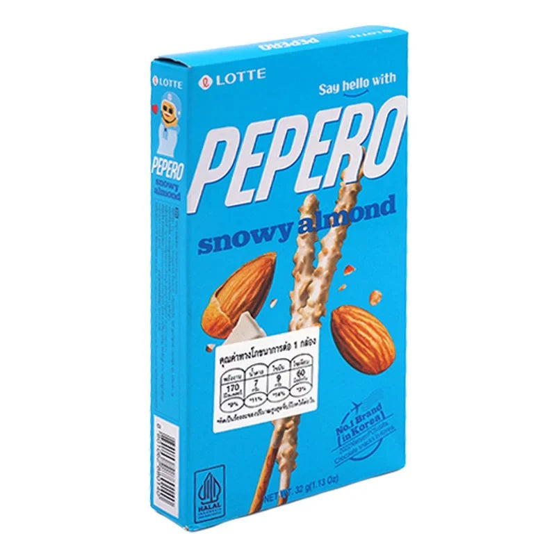 Lotte Snowy Almond Biscuit Stick 32g, dry grocery snack with almond-flavored crunchy biscuit in a sealed package.