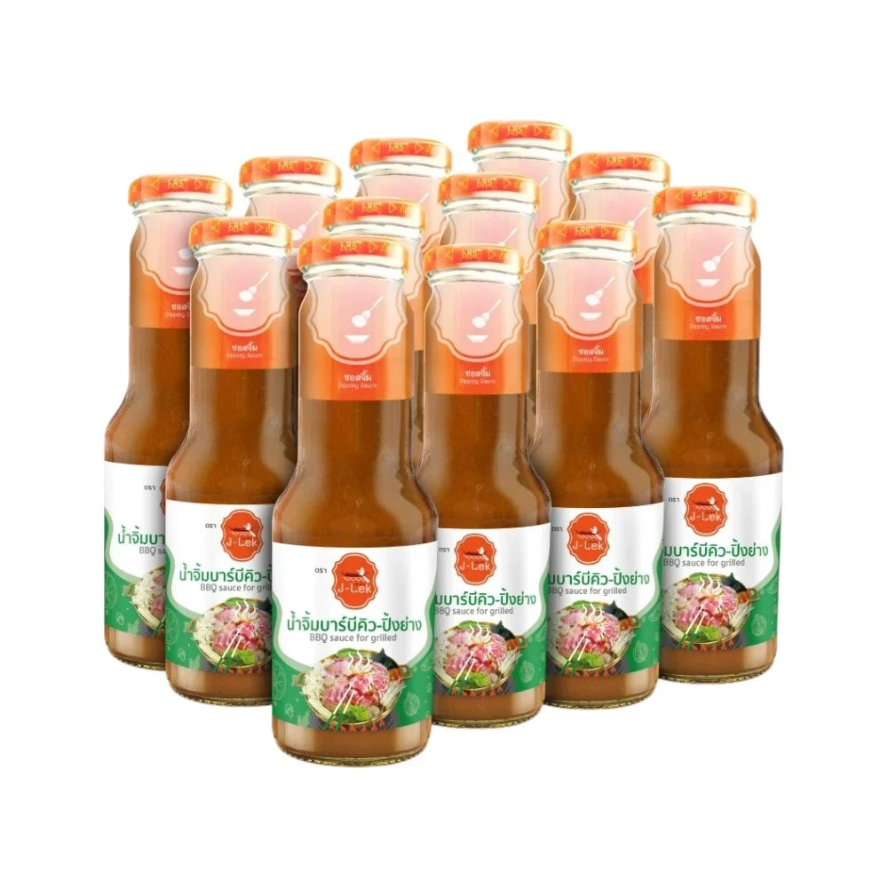 J-LEK Jay Lek barbecue sauce bottles for grilling, 340g, featuring clear labels and transparent bottles showing sauce inside.
