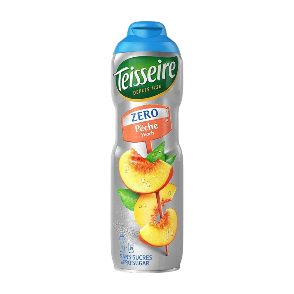 Teisseire peach flavored sugar-free syrup bottle, 600ml, for adding fruity flavor to drinks and desserts.