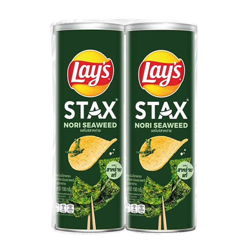 Lay's Stax Potato Chips Nori Seaweed flavor in 100g packs, stacked in a clear plastic bag, ready for snacking.