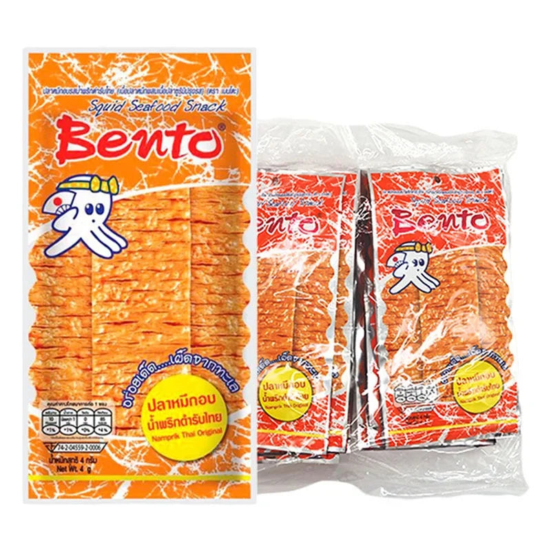 BENTO Bento Squid Seafood Snack Hot Spicy 4g x24, dry grocery snack with spicy dried squid pieces in a colorful package