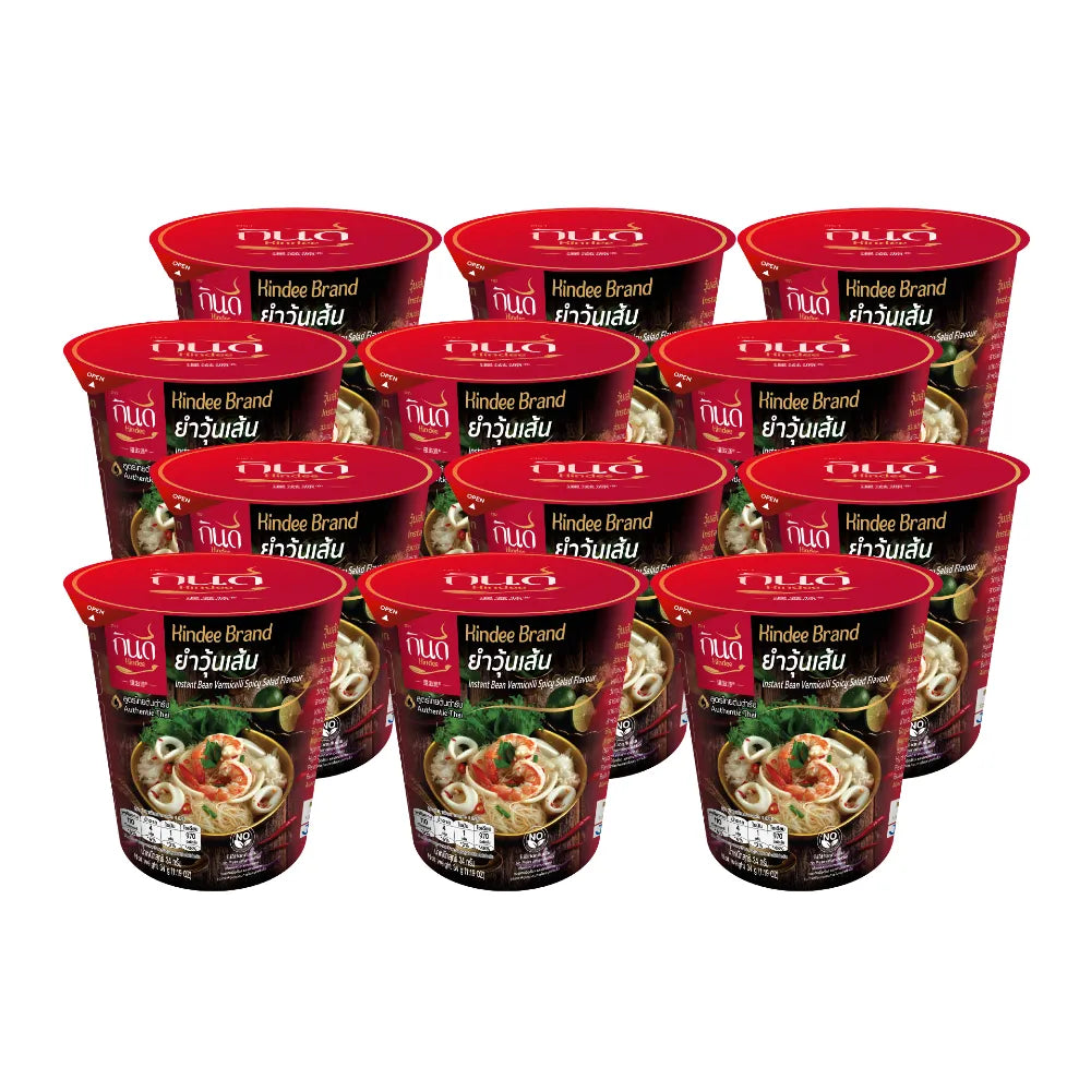 Kindee glass noodle salad cup, 34g, in a pack of 12, featuring transparent glass noodles in a dry grocery product.