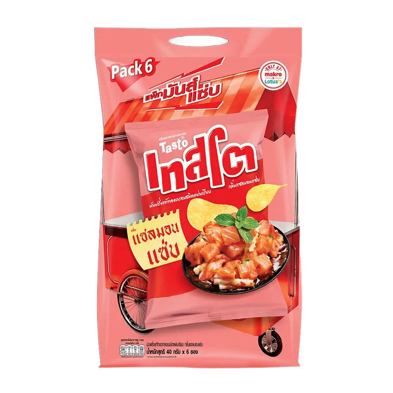 Tasto Potato Chip Salmon Zapp snack pack, 40g x6, crunchy dry grocery snack with salmon flavor, by Tasto.