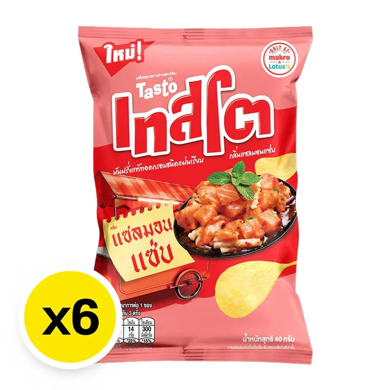 Tasto Potato Chip Salmon snack in 40g pack, displayed in a six-pack box, part of dry grocery snack and confectionery collection.