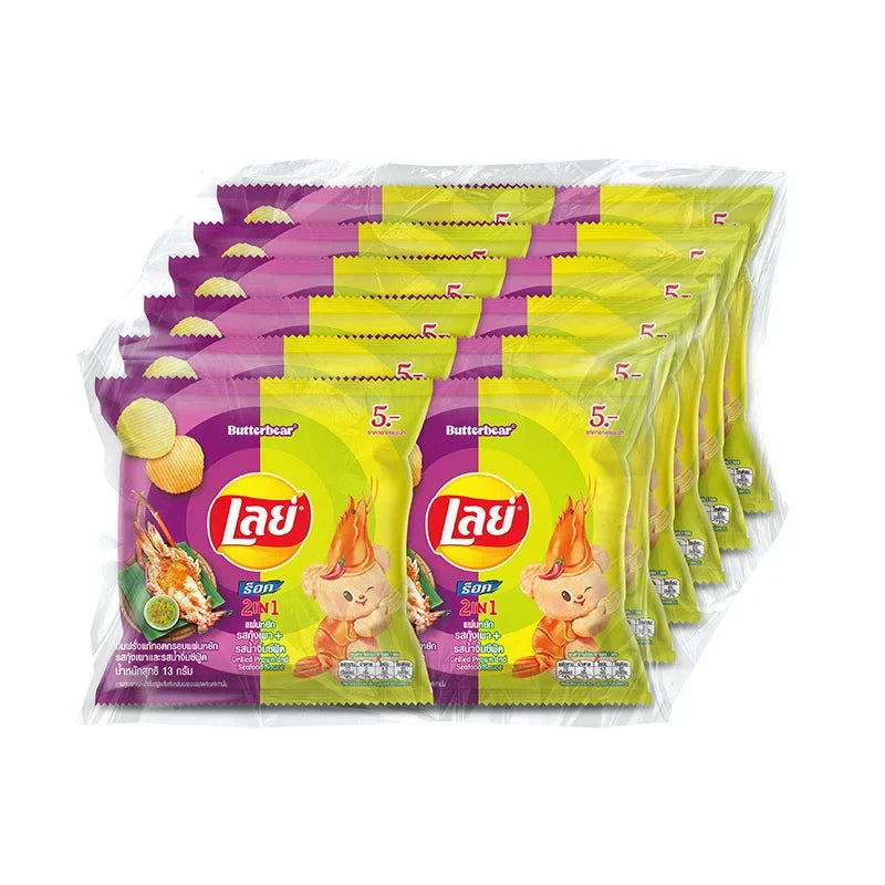 Lay's Potato Chips snack with prawn and seafood flavor in 13g bags, showing the colorful package and crispy chips inside.
