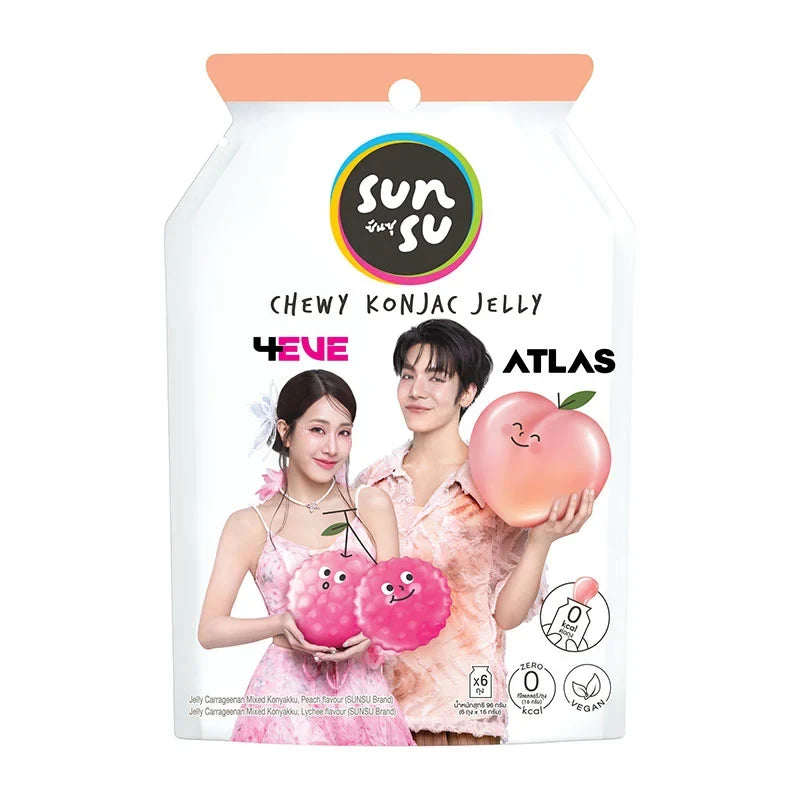 Sunsu Jelly Grape and Strawberry snacks in 96g packs, shown in a colorful display of fruit-flavored confectionery.