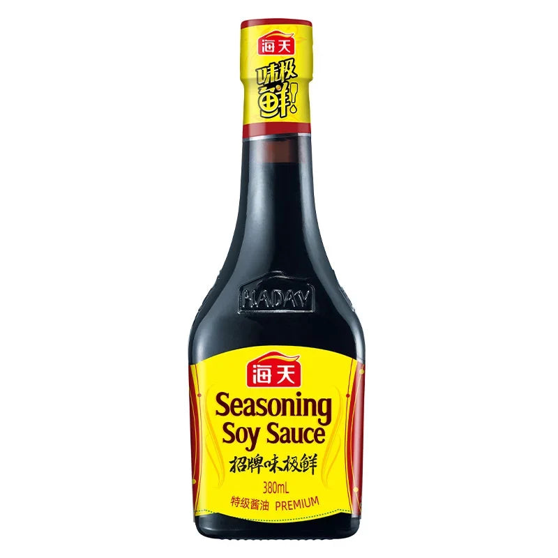 Haday Seasoning Soy Sauce 380ml bottle, used for cooking and enhancing dishes, in a clear glass container with a dark liquid.