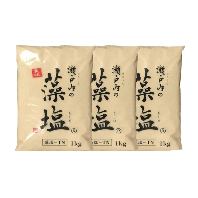 Moshio Setouchi Seaweed Salt in three 1kg bags, natural dry grocery sea salt made from seawater with seaweed.