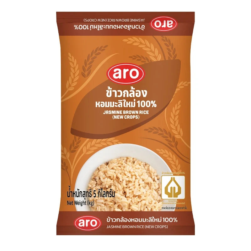 Bag of ARO Jasmine Brown Rice 100% in a 5kg package, dry grocery product with brown rice grains visible.