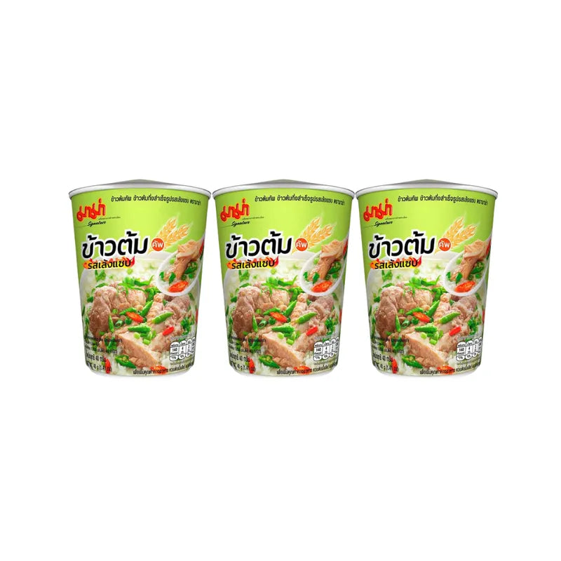 Mama Rice Porridge Cup with Spicy Leng flavor, featuring dry grocery packaging and a ready-to-eat rice porridge cup.