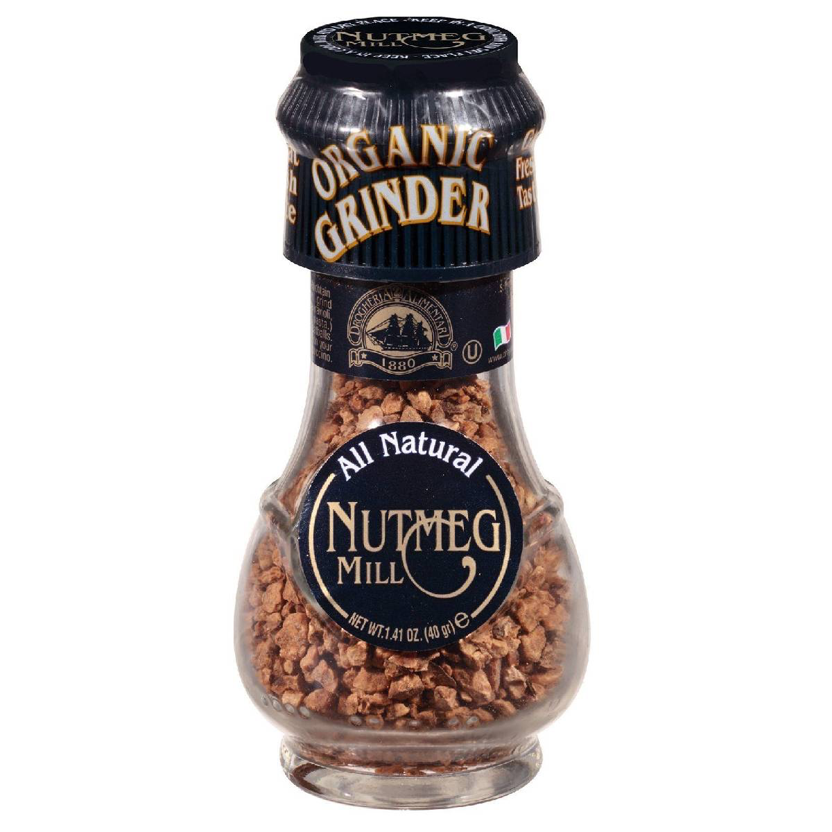 Drogheria Nutmeg & Alimentari Nutmeg Mill with freshly ground nutmeg inside, showcasing a sleek kitchen spice grinder.