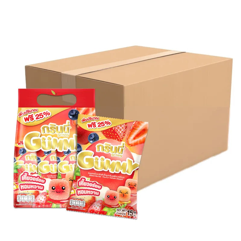 Grinny Mixed Berries Flavour Gelatin Dessert 15g packet, dry grocery snack with colorful berry flavor and fruit jelly texture.