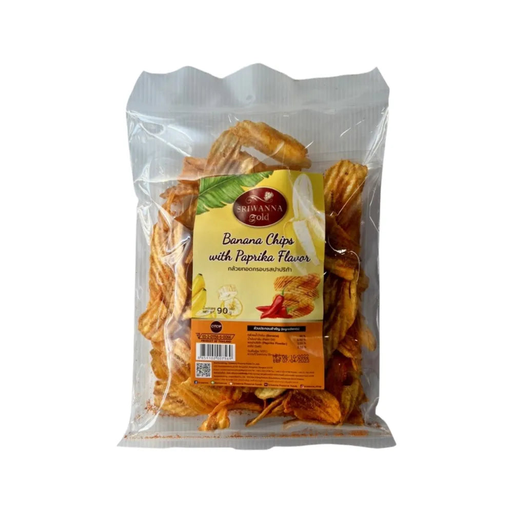 Sriwanna Gold Banana Chips with Paprika flavor, 90g, in a clear bag, showcasing crispy banana slices coated with paprika spice.