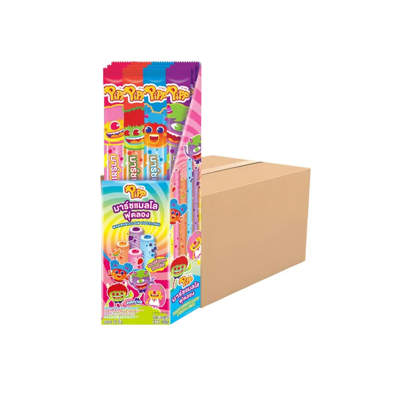 PIPP Marshmallow Footlong snack with strawberry, blueberry, and melon flavors in dry grocery confectionery packaging.