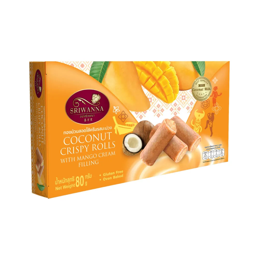 Sriwanna Coconut Crispy Rolls with Mango Cream Filling, snack confectionery, showing golden rolls filled with mango cream.