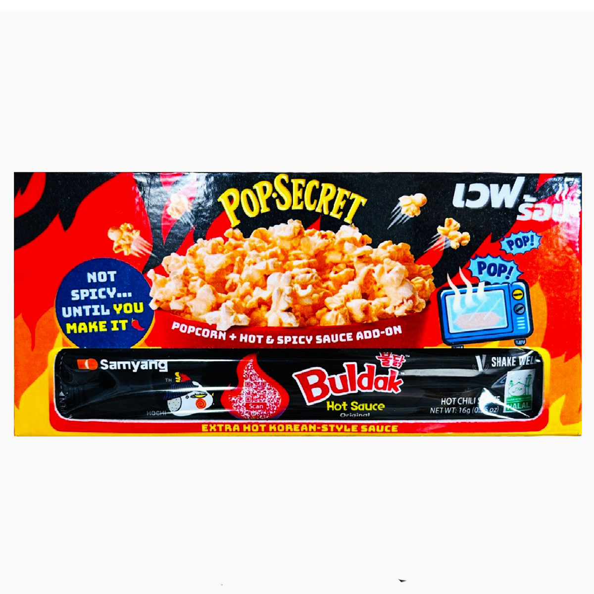 Pop Secret Extra Hot Korean Style flavored confectionery snack in colorful packaging, showcasing spicy snack pieces.