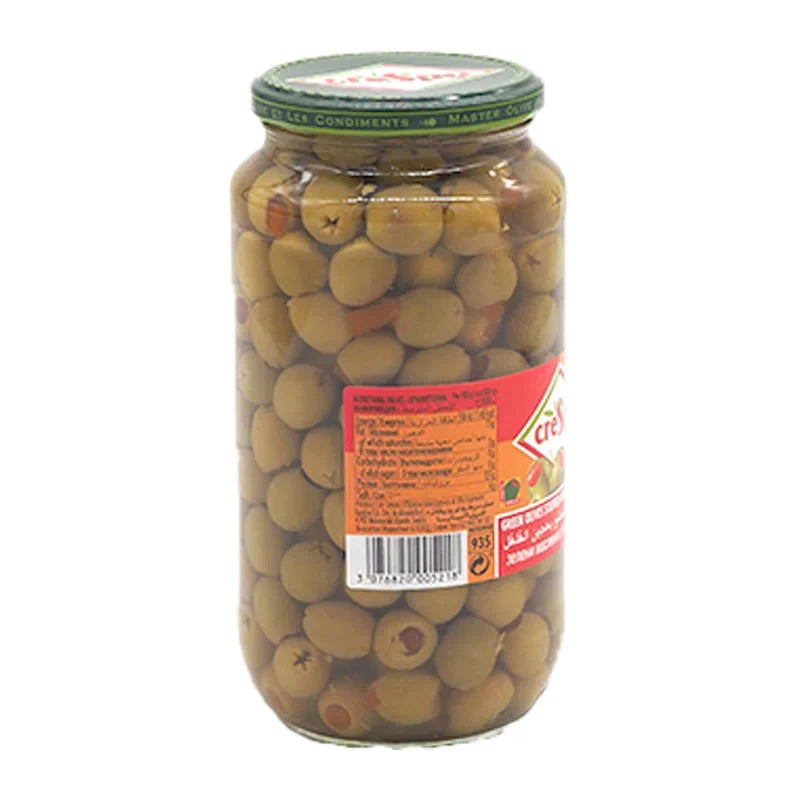 Crespo green olives stuffed with pimiento in a 907g dry grocery package, fresh and ready to enjoy.