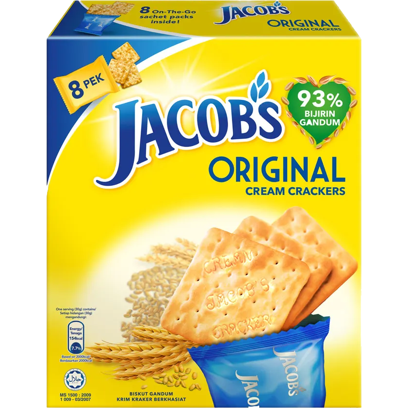 Jacob's Original Cream Crackers in a package, showing the golden, crispy crackers inside, classic confectionery snack.