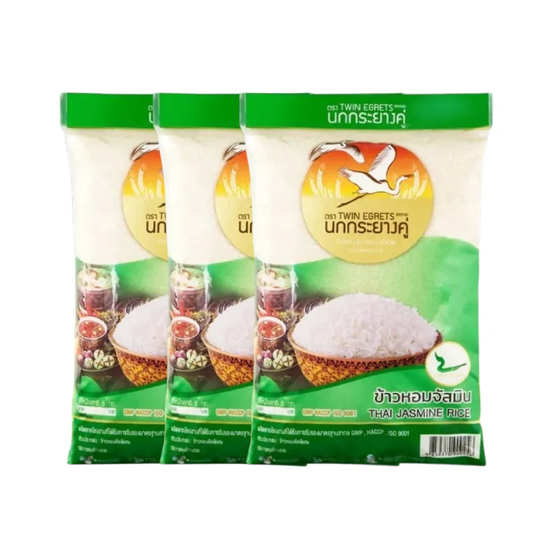 Nokkrayangkoo Double Egret Jasmine Rice in a green bag, dry grocery product, showcasing the rice packaging.