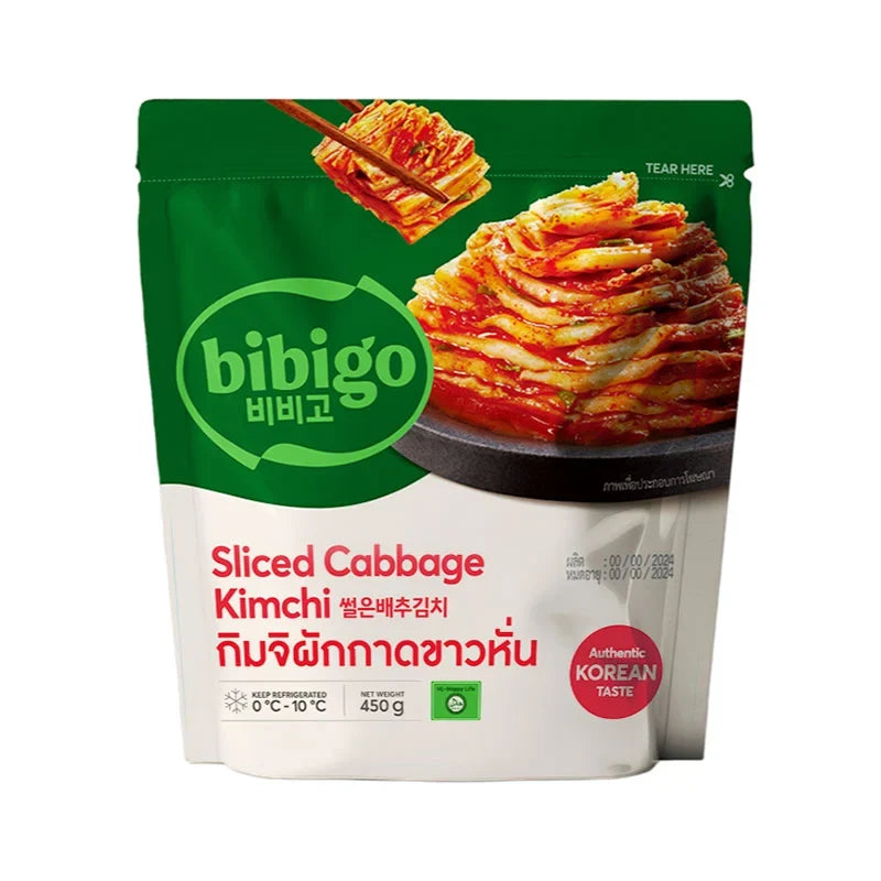 BIBIGO Bibigo Sliced Cabbage Kimchi in 450g packaging, showing fresh, fermented cabbage slices ready for use in Korean dishes.