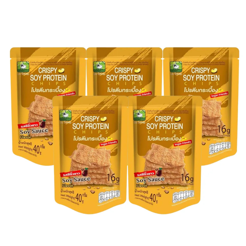 Lilsheep Lil Cheep protein snack packs with soy sauce flavor, 40g, featuring colorful packaging and bite-sized confectionery pieces
