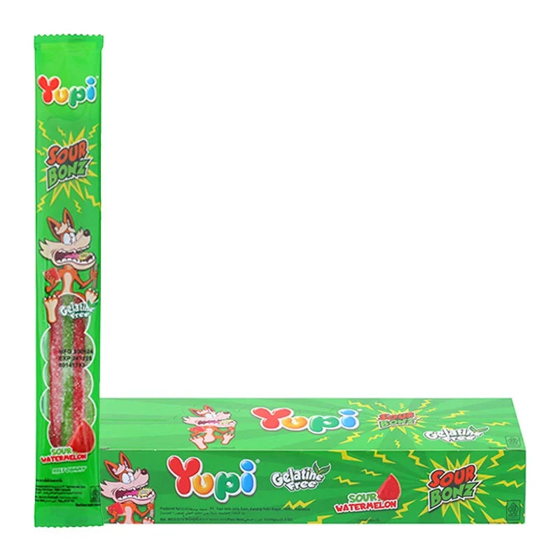 YUPI Yupi Gummy Sour Bonz Watermelon candies in 10g packs, colorful watermelon-shaped gummy snack, dry grocery confectionery.