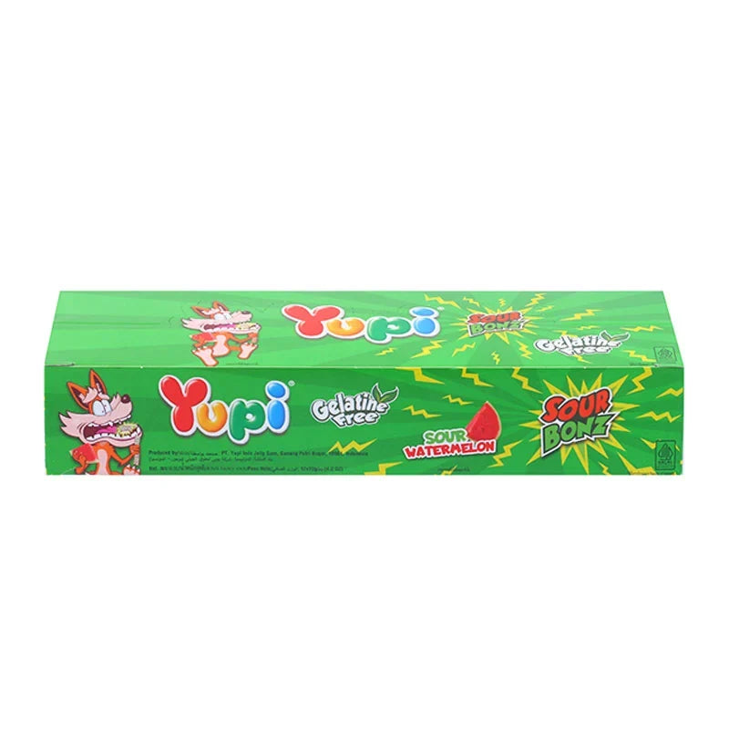 Yupi Gummy Sour Bonz Watermelon candies in 10g packs, colorful gummy snacks from YUPI, ideal for snacking and confectionery.