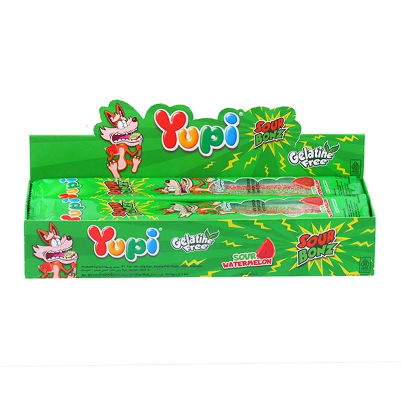Yupi Gummy Sour Bonz Watermelon candies in 10g packs, colorful gummy snacks from YUPI brand, close-up of watermelon-shaped gummies