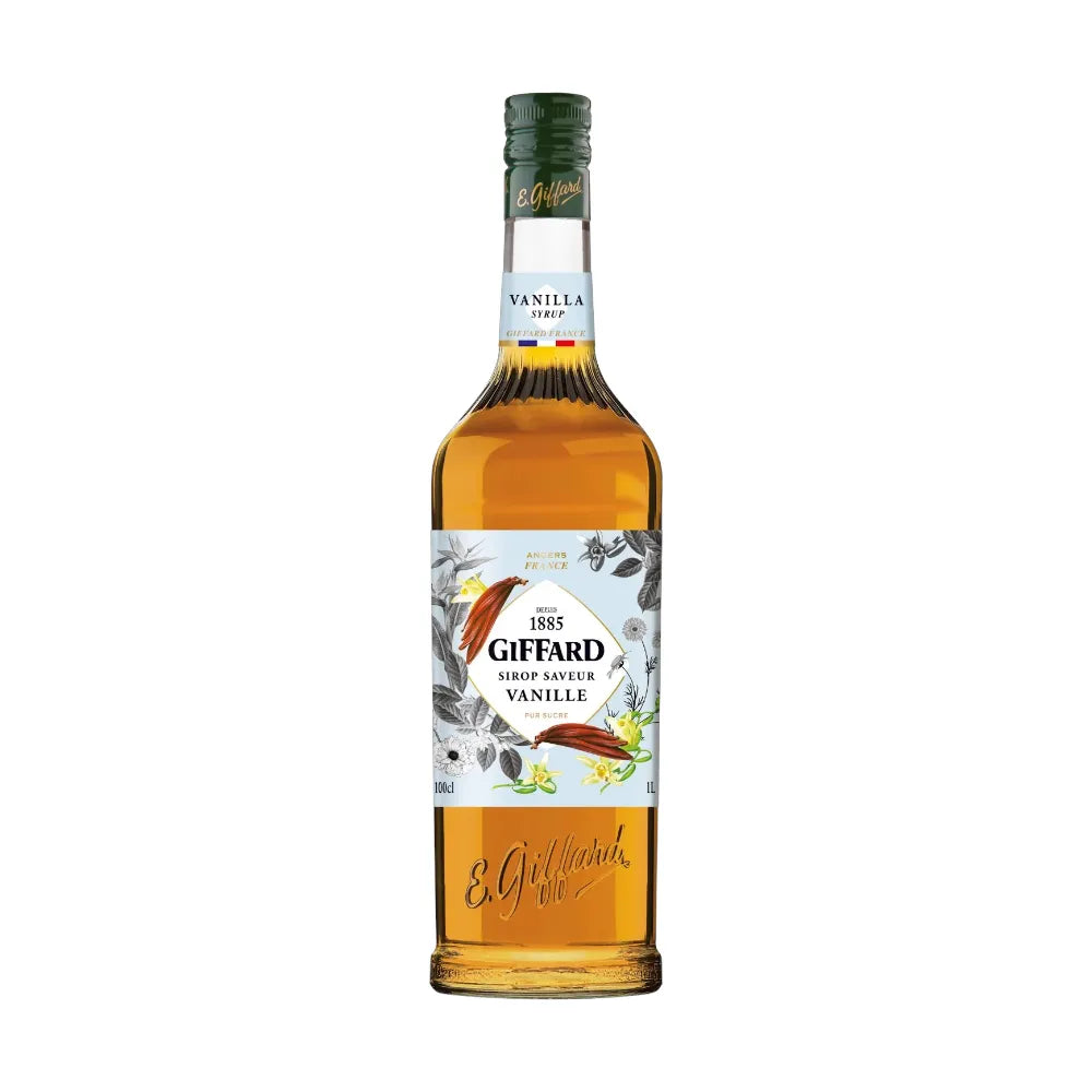 Giffard Barista Vanilla 1L bottle of vanilla syrup for coffee and beverages, in a clear plastic bottle with a black cap