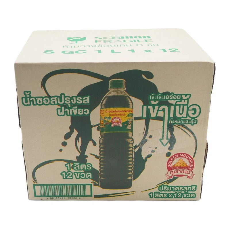 Golden Mountain Seasoning Sauce in 1L bottles with green caps, shown in a pack of 12, for enhancing Asian cuisine flavor.