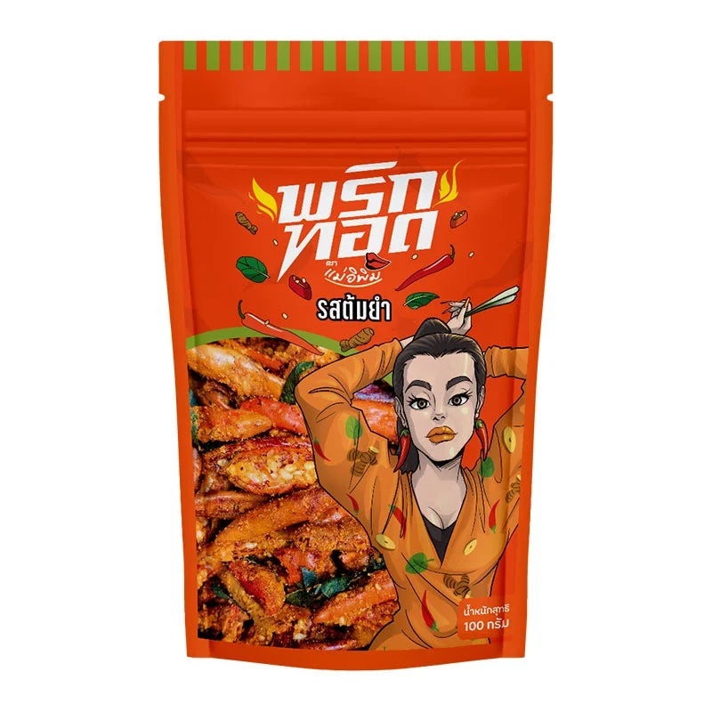 MAE E PIM Chili Snacks Tomyum Flavor 100g, dry grocery snack with spicy Tomyum seasoning in a bright package