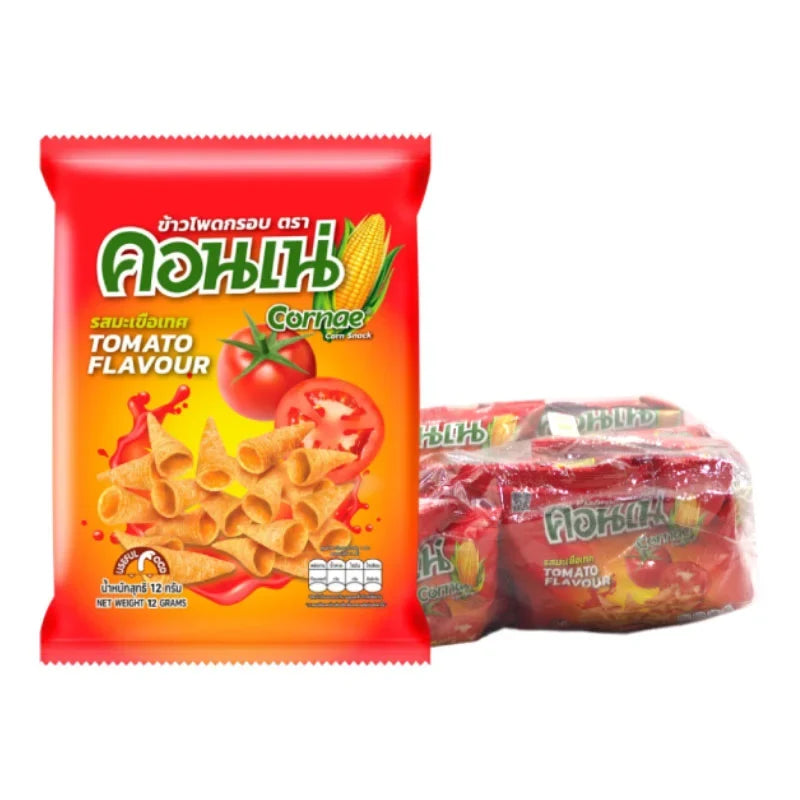 Cornae Corn Snack Tomato flavor in 11g packets, featuring colorful snack corn pieces in a vibrant package.