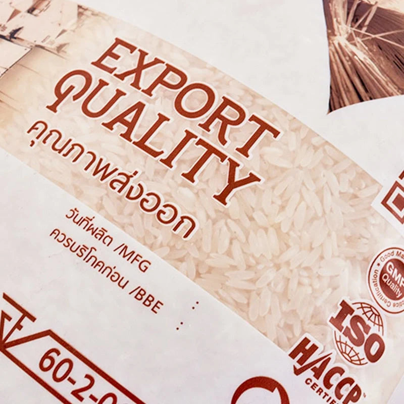 Buachomphoo RD 43 rice in a 5kg bag, dry grocery product with white rice grains in a clear bag, brand label visible.