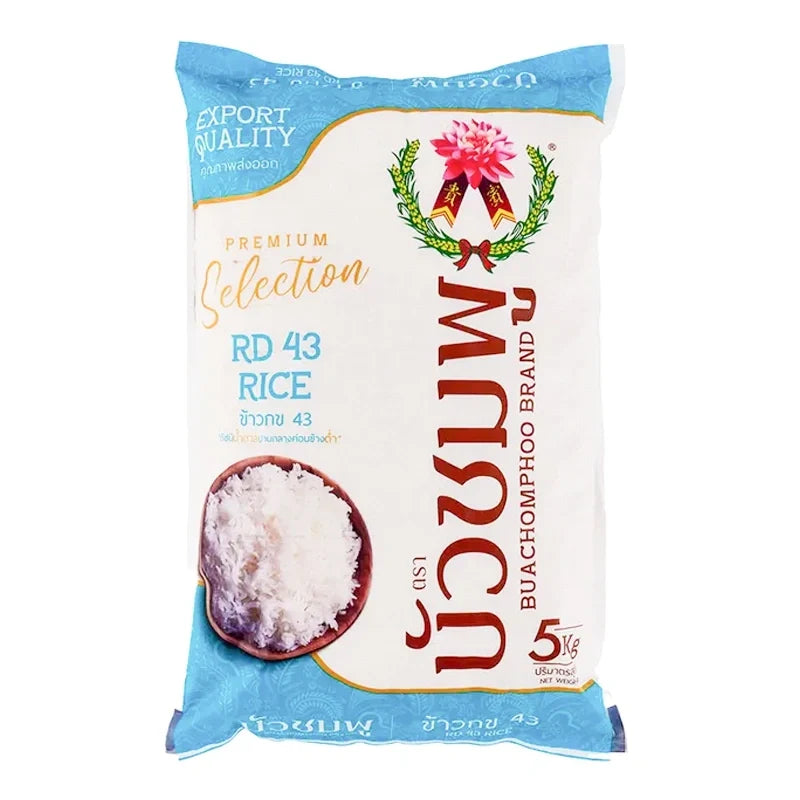 Buachomphoo RD 43 rice 5kg in a white bag, showing the brand logo and product label, suitable for dry grocery use.