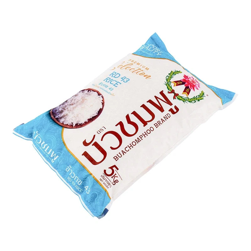 Buachomphoo RD 43 Rice 5kg dry grocery bag with white rice grains in a clear plastic bag.