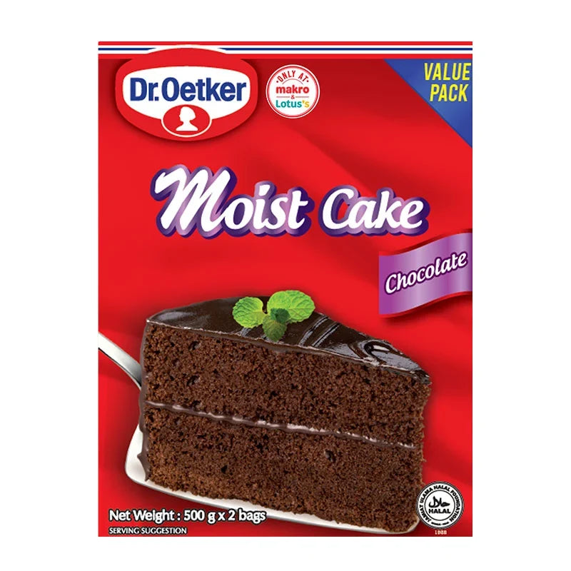DR.OETKER Moist Chocolate Cake Mix 500g pack, dry grocery product with two boxes, ideal for baking moist chocolate cakes.